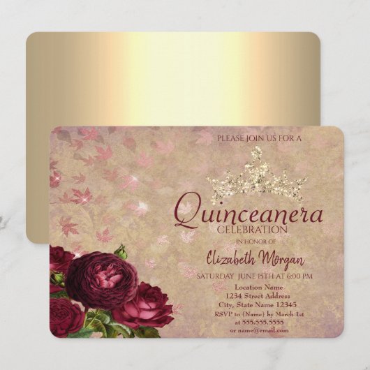 Chic Crown Rode Rozen Quinceañera Kaart (Voorkant / Achterkant)