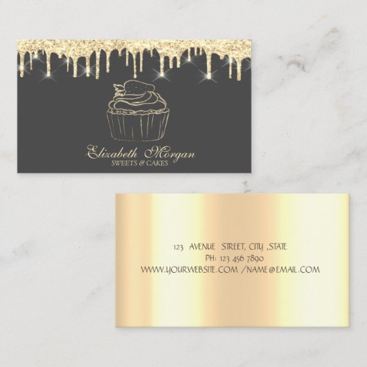 Chic Cupcake Aardbei Faux Gold Drips Bakkerij Visitekaartje (Voorkant / Achterkant)