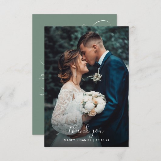 Chic Cursive Calligraphy Sage Green Photo Wedding Bedankkaart (Voorkant / Achterkant)