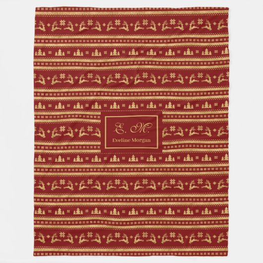 Chic Custom Christmas Blanket Red Gold Monogram Fleece Deken (Voorkant)