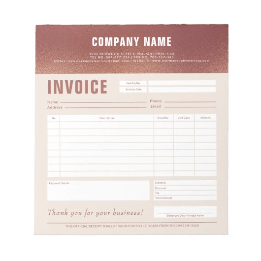 Chic Custom Logo Roos Gold Foil Factuurformulier Notitieblok (Voorkant)