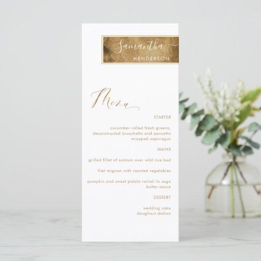 Chic Custom met Guest Name White en Gold Menu (Staand voorkant)
