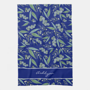 Chic Custom Navy Blue Eucalyptus Greenerattern Theedoek
