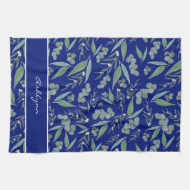 Chic Custom Navy Blue Eucalyptus Greenery Pattern Theedoek