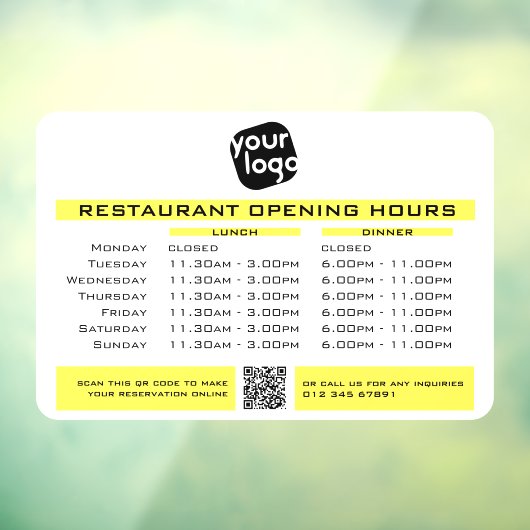 Chic Custom Opening Lunch Dinner Hours Restaurant Raamsticker (Vel 3)