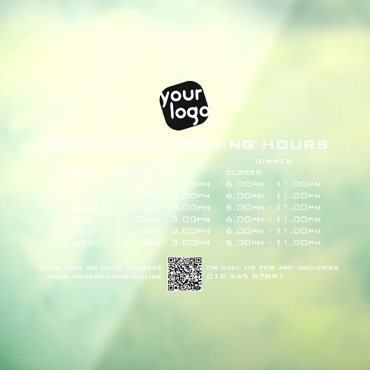 Chic Custom Openingstijden Lunch Diner Restaurant Raamsticker (Vel 3)