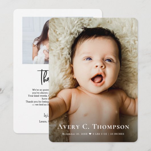 Chic Custom Photo Thank you Heart Modern Birth Aankondiging (Voorkant / Achterkant)