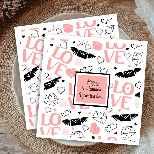Chic Custom Pink Black Hearts Hand Drawn Valentine Servet