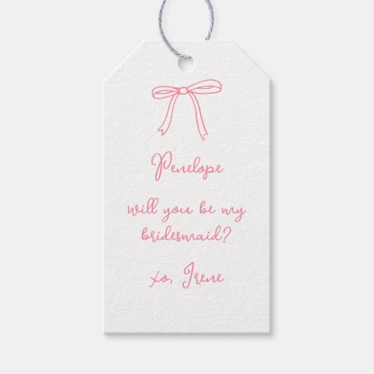 Chic Custom Roze Coquette Bow Bruidsmeisje Voorste Cadeaulabel (Voorkant)