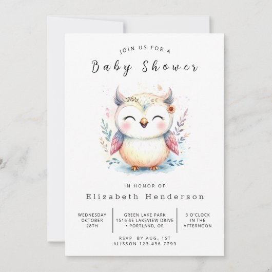 Chic Custom Uil Baby shower Kaart (Voorkant)