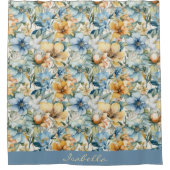 Chic Custom Waterverf Blue Gold Floral Patroon Douchegordijn (Voorkant)