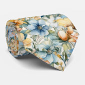 Chic Custom Waterverf Blue Gold Floral Patroon Stropdas (Opgerold)