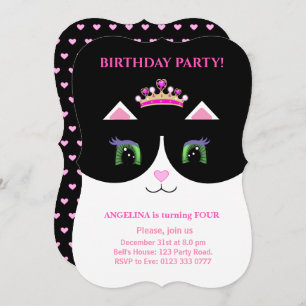 Chic Cute Black Roze White Tuxedo Cat Invitation Kaart