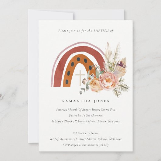 Chic Cute Rust Boho Floral Rainbow Baptism Invite Bedankkaart (Voorkant)