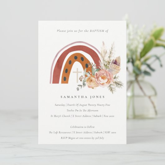 Chic Cute Rust Boho Floral Rainbow Baptism Invite Bedankkaart (Staand voorkant)