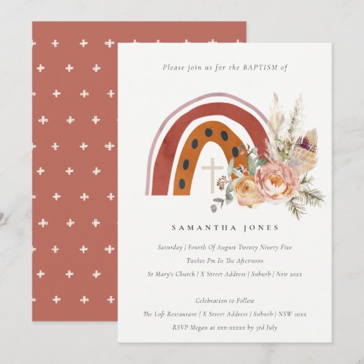 Chic Cute Rust Boho Floral Rainbow Baptism Invite Bedankkaart (Voorkant / Achterkant)