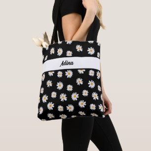 Chic daisy bloemen patroon op zwarte achtergrond tote bag