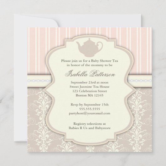 Chic Damask  Baby shower Tea Invitation Kaart (Achterkant)