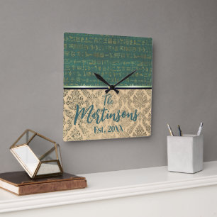 Chic Damask Egyptian Hieroglyphs Familienaam Vierkante Klok