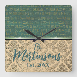 Chic Damask Egyptian Hieroglyphs Familienaam Vierkante Klok