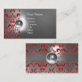 CHIC DAMASK GEM MONOGRAM wit rood Visitekaartje (Voorkant / Achterkant)