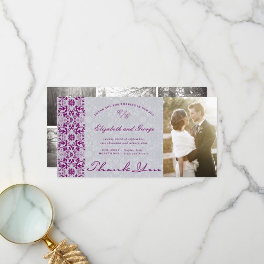  Chic Damask Lace Paarse Photo Wedding dan Bedankkaart (Voorkant / Achterkant in situ)