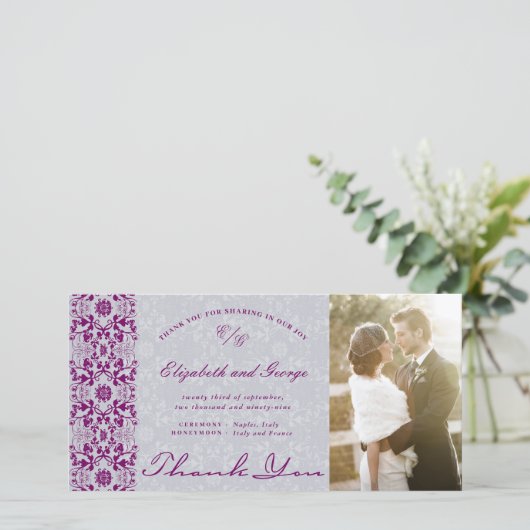 Chic Damask Lace Paarse Photo Wedding dan Bedankkaart (Staand voorkant)