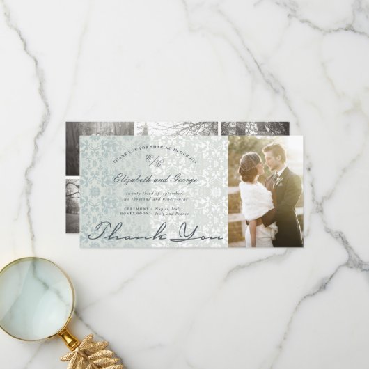  Chic Damask Lace Powder Blue Photo Weddenschap Bedankkaart (Voorkant / Achterkant in situ)