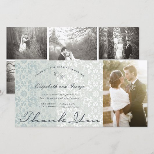  Chic Damask Lace Powder Blue Photo Weddenschap Bedankkaart (Voorkant / Achterkant)
