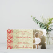  Chic Damask Lace Red & Taupe Photo Wedding Bedankkaart (Staand voorkant)