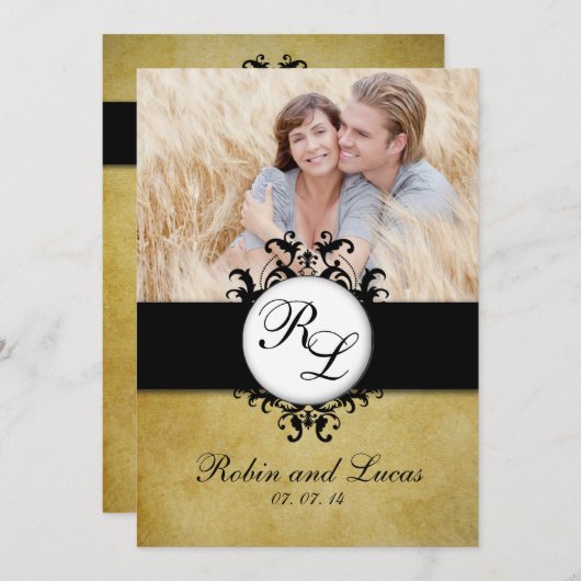 Chic Damask Monogram Weddenschap Foto Kaart (Voorkant / Achterkant)