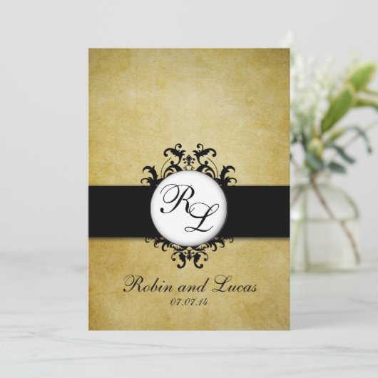 Chic Damask  Monogram Weddenschap Kaart (Staand voorkant)