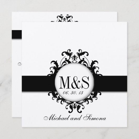 Chic Damask Monogrammen Wedding Black Cream Kaart (Voorkant / Achterkant)