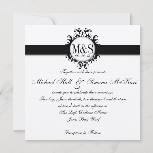 Chic Damask Monogrammen Wedding Black Cream Kaart (Achterkant)
