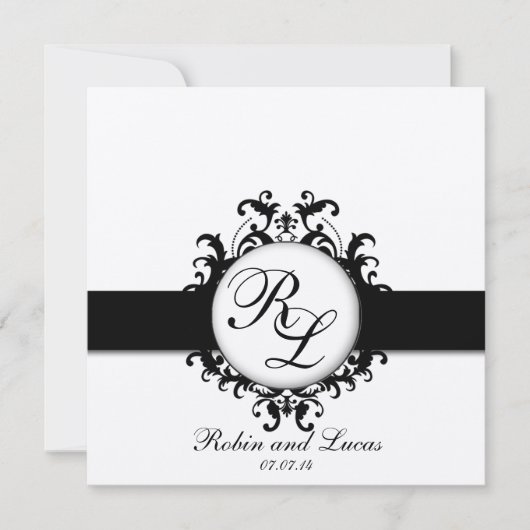 Chic Damask Monogrammen Wedding Silver Black White Kaart (Voorkant)
