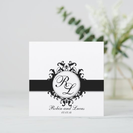 Chic Damask Monogrammen Wedding Silver Black White Kaart (Staand voorkant)