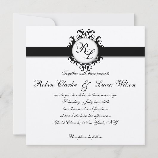 Chic Damask Monogrammen Wedding Silver Black White Kaart (Achterkant)