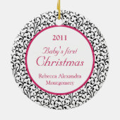 Chic Damask Roze Baby's eerste kerst Keramisch Ornament (Achterkant)