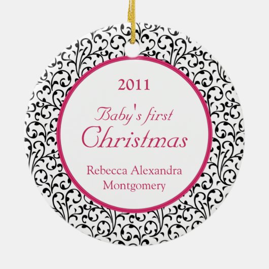 Chic Damask Roze Baby's eerste kerst Keramisch Ornament (Achterkant)