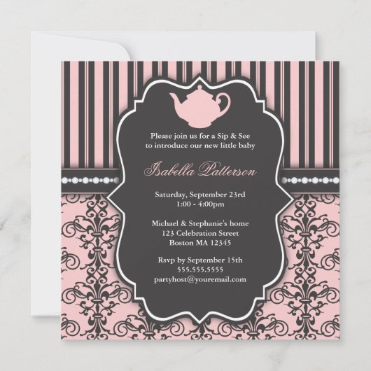 Chic Damask roze Sip en zie de Uitnodiging van de  (Achterkant)