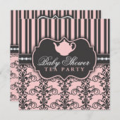 Chic Damask & Stripe Baby shower Tea Invitation Kaart (Voorkant / Achterkant)