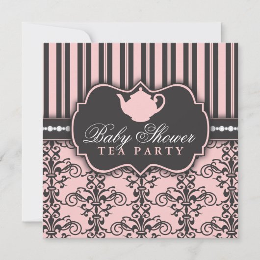 Chic Damask & Stripe Baby shower Tea Invitation Kaart (Voorkant)