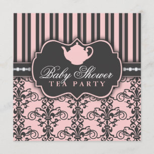 Chic Damask & Stripe Baby shower Tea Invitation Kaart