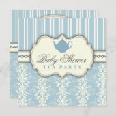 Chic Damask & Stripe Baby shower Tea Invitation Kaart (Voorkant / Achterkant)