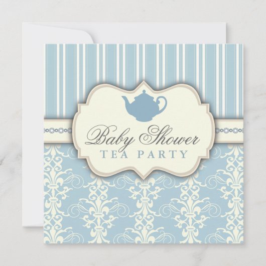 Chic Damask & Stripe Baby shower Tea Invitation Kaart (Voorkant)