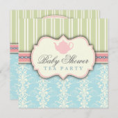 Chic Damask & Stripe Baby shower Tea Invitation Kaart (Voorkant / Achterkant)