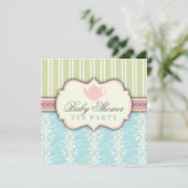 Chic Damask & Stripe Baby shower Tea Invitation Kaart (Staand voorkant)