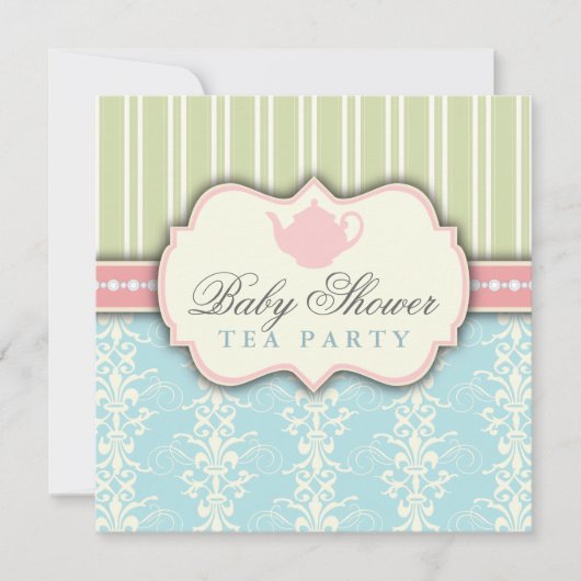 Chic Damask & Stripe Baby shower Tea Invitation Kaart (Voorkant)