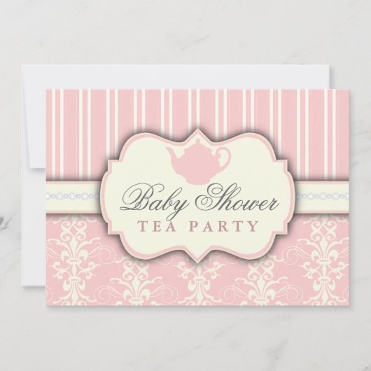 Chic Damask & Stripe Baby shower Tea Invitation Kaart (Voorkant)