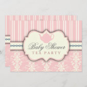 Chic Damask & Stripe Baby shower Tea Invitation Kaart (Voorkant / Achterkant)